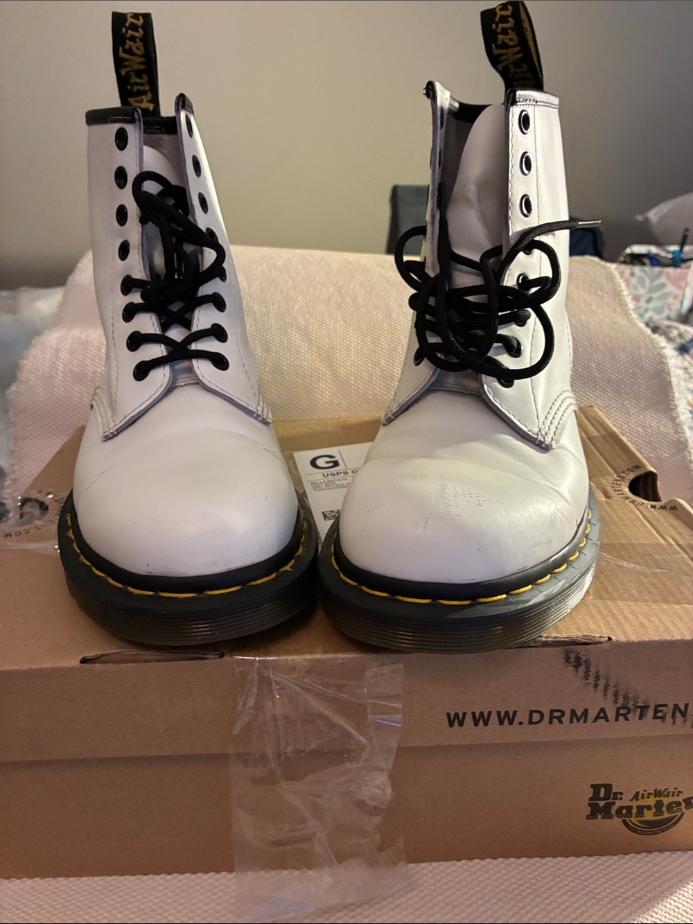Dr. Martens White Leather Lace-Up Combat Boots w/Yellow Welt Stitch & yellow tag